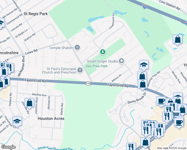 map of restaurants, bars, coffee shops, grocery stores, and more near 3 Sterling Road in Louisville