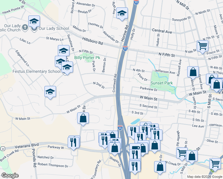 map of restaurants, bars, coffee shops, grocery stores, and more near 1110 North 2nd Street in Festus