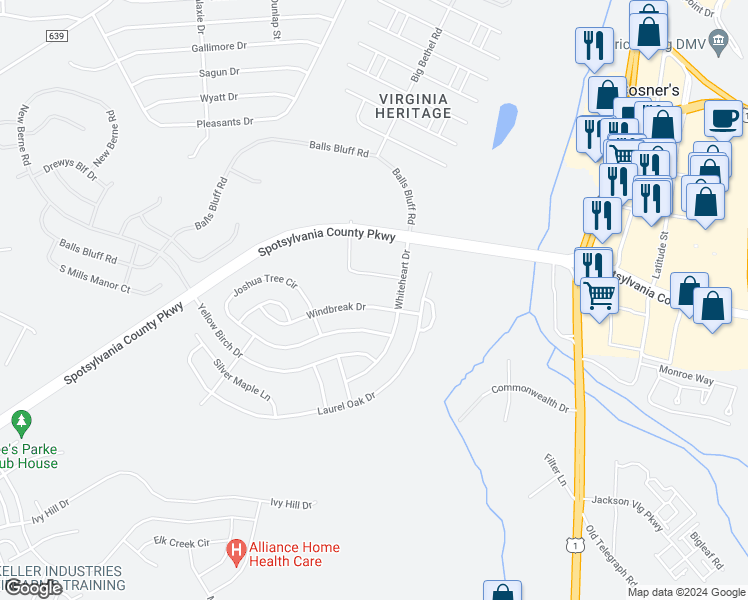 map of restaurants, bars, coffee shops, grocery stores, and more near 5209 Windbreak Drive in Fredericksburg