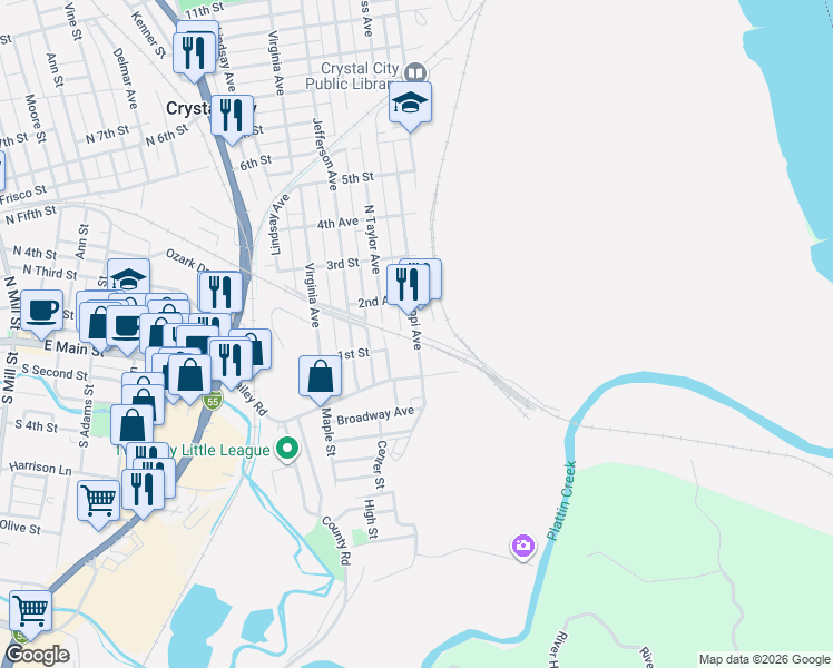 map of restaurants, bars, coffee shops, grocery stores, and more near 101 Mississippi Avenue in Crystal City