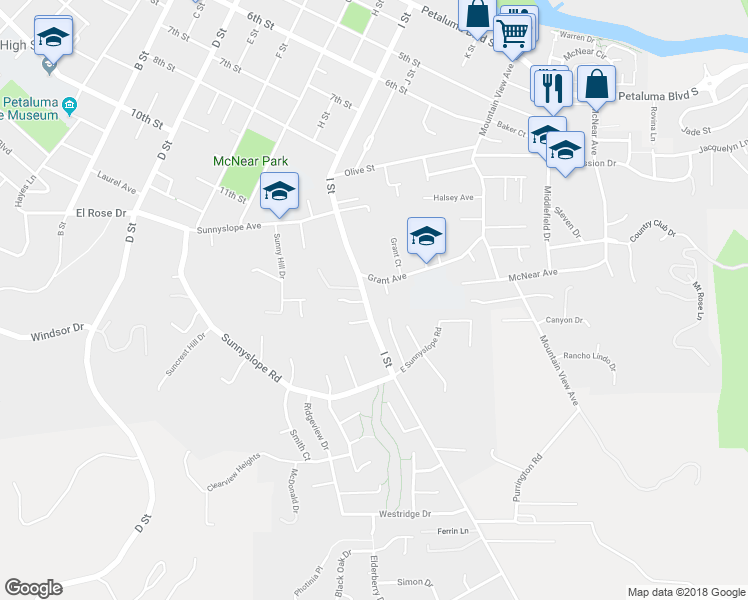 map of restaurants, bars, coffee shops, grocery stores, and more near 1323 I Street in Petaluma