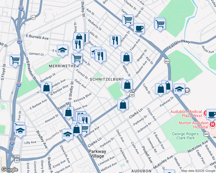 map of restaurants, bars, coffee shops, grocery stores, and more near 1533 Wagner Street in Louisville
