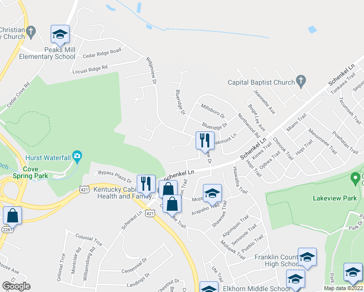 map of restaurants, bars, coffee shops, grocery stores, and more near 720 Ridgeview Drive in Frankfort