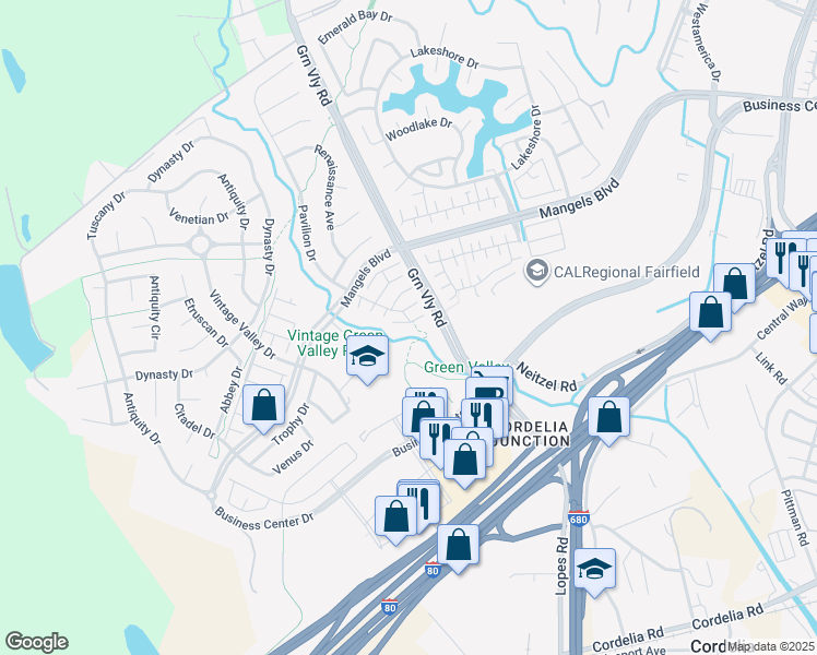 map of restaurants, bars, coffee shops, grocery stores, and more near 517 Turner Court in Fairfield