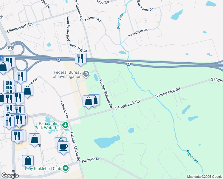 map of restaurants, bars, coffee shops, grocery stores, and more near 12601 Charles Farm Circle in Louisville