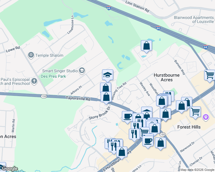 map of restaurants, bars, coffee shops, grocery stores, and more near 4515 Taylorsville Road in Louisville