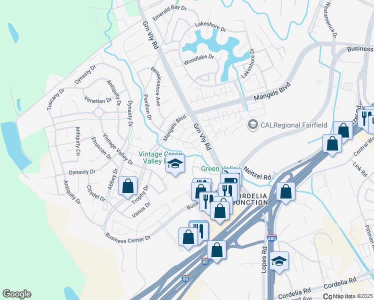 map of restaurants, bars, coffee shops, grocery stores, and more near 517 Turner Court in Fairfield