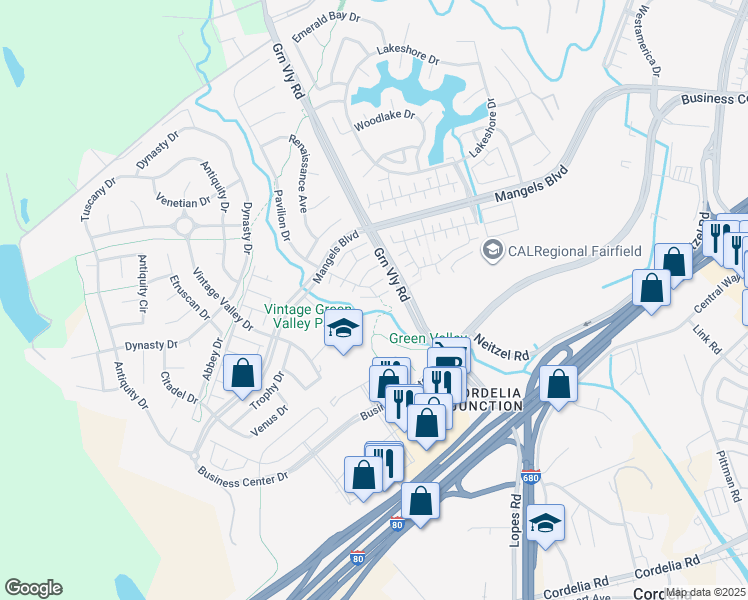 map of restaurants, bars, coffee shops, grocery stores, and more near 517 Turner Court in Fairfield