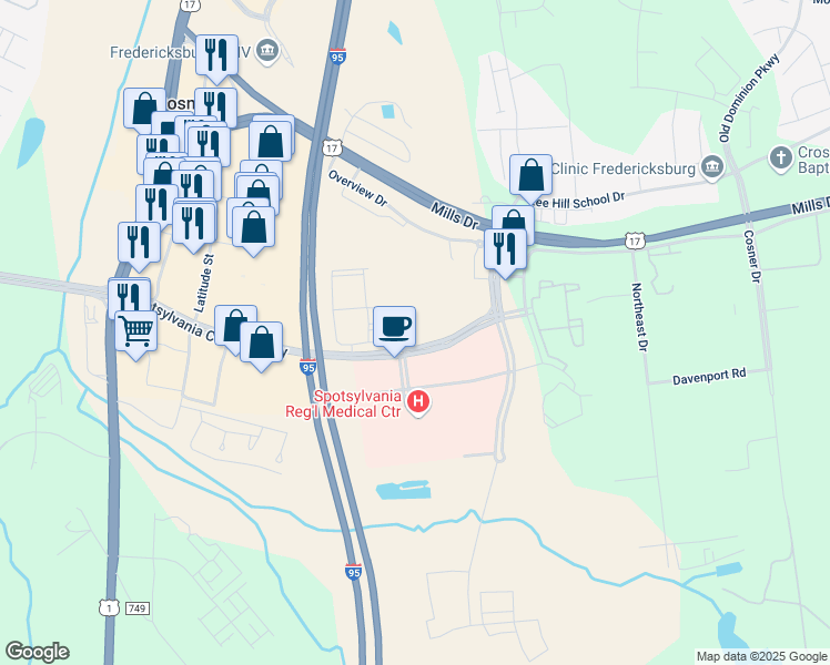 map of restaurants, bars, coffee shops, grocery stores, and more near 4531 Spotsylvania Parkway in Fredericksburg