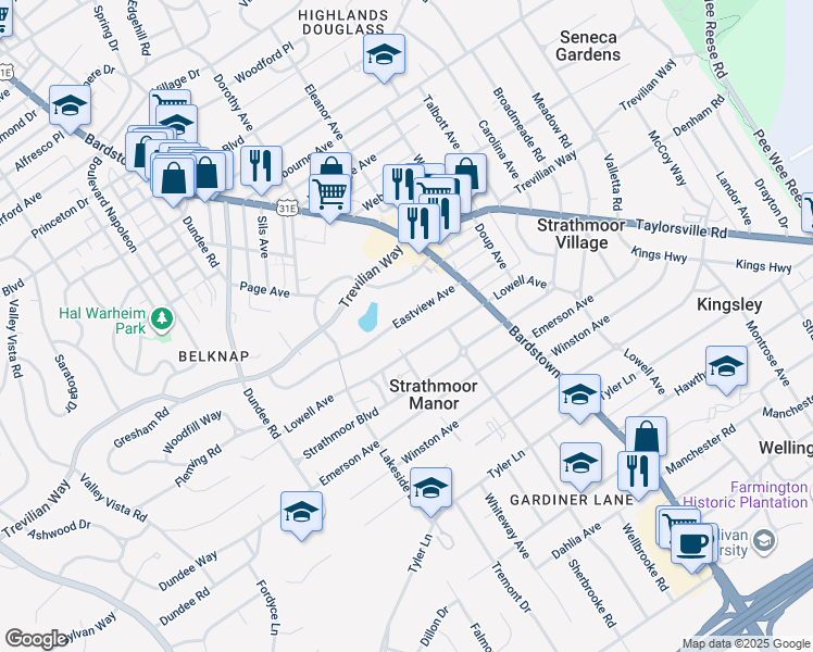map of restaurants, bars, coffee shops, grocery stores, and more near 2112 Eastview Avenue in Louisville