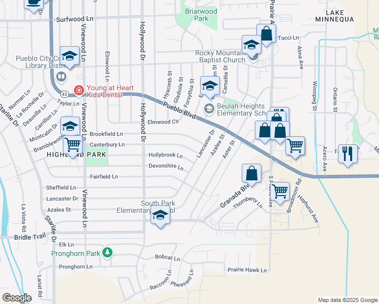 map of restaurants, bars, coffee shops, grocery stores, and more near 3218 Canterbury Lane in Pueblo