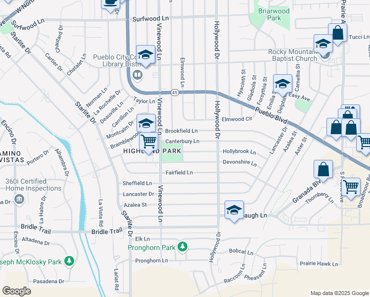 map of restaurants, bars, coffee shops, grocery stores, and more near 2710 Hollybrook Place in Pueblo