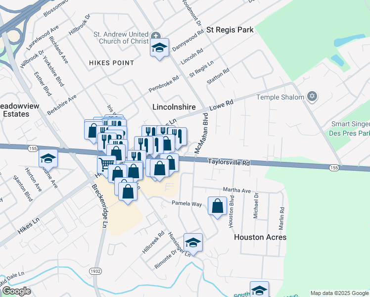 map of restaurants, bars, coffee shops, grocery stores, and more near 4101 Taylorsville Road in Louisville