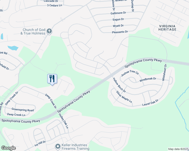 map of restaurants, bars, coffee shops, grocery stores, and more near 5820 South Mills Manor Court in Fredericksburg