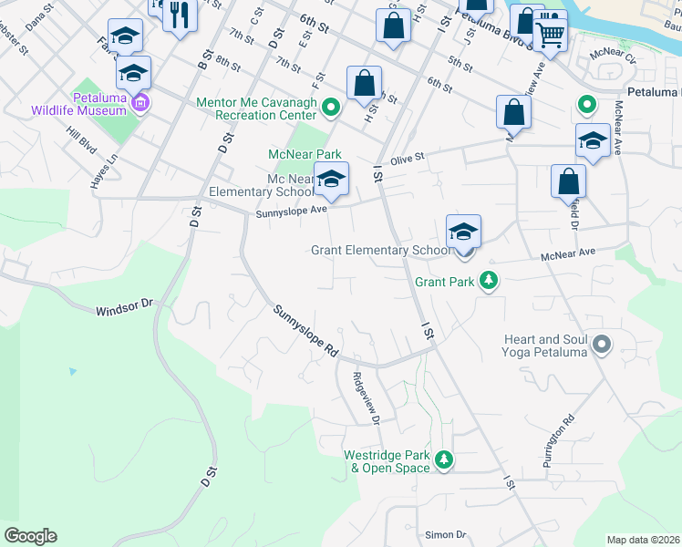 map of restaurants, bars, coffee shops, grocery stores, and more near 10 Highland Road in Petaluma