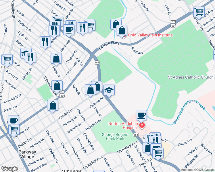 map of restaurants, bars, coffee shops, grocery stores, and more near 1102 Poplar Level Plaza in Louisville