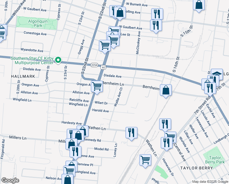 map of restaurants, bars, coffee shops, grocery stores, and more near 2118 Wallie Ann Court in Louisville