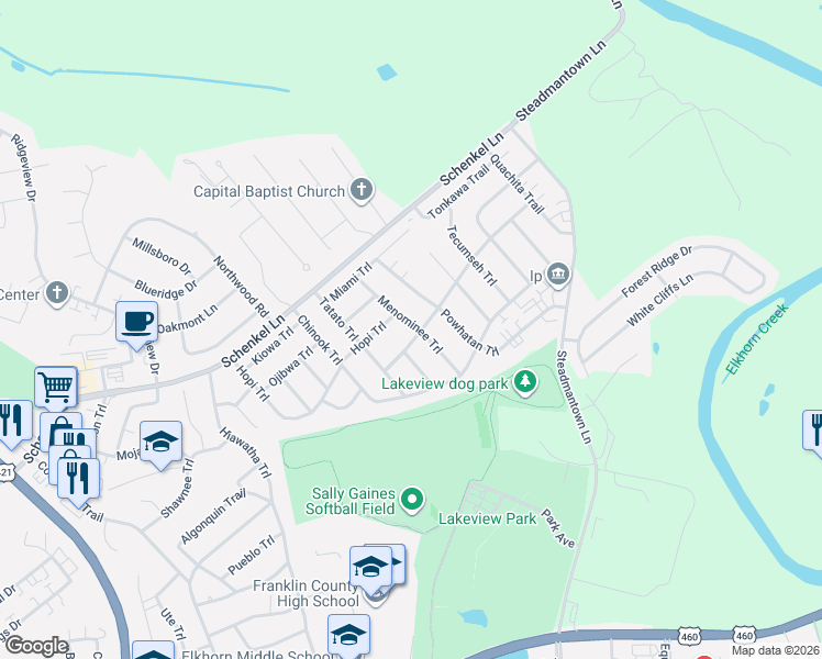 map of restaurants, bars, coffee shops, grocery stores, and more near 1211 Seneca Trail in Frankfort