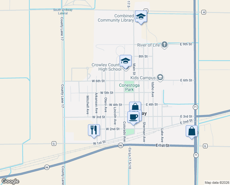 map of restaurants, bars, coffee shops, grocery stores, and more near 514 Lincoln Avenue in Ordway