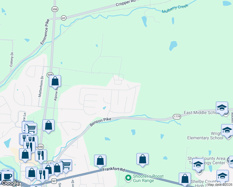 map of restaurants, bars, coffee shops, grocery stores, and more near 1048 Summersfield Drive in Shelbyville