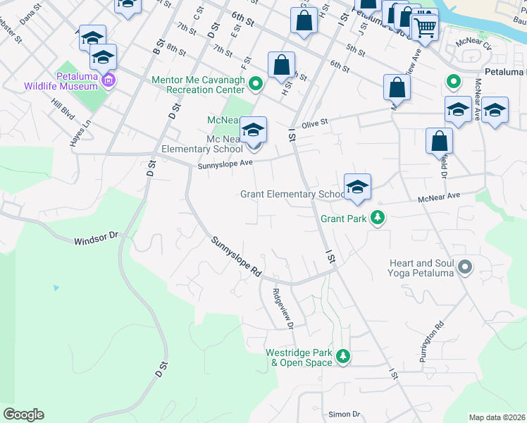 map of restaurants, bars, coffee shops, grocery stores, and more near 10 Highland Road in Petaluma