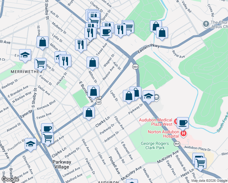 map of restaurants, bars, coffee shops, grocery stores, and more near 1315 Lydia Street in Louisville