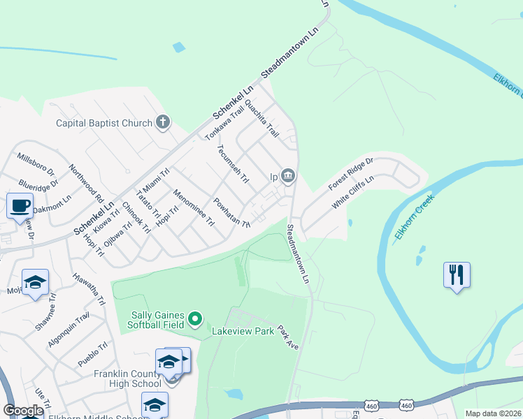 map of restaurants, bars, coffee shops, grocery stores, and more near 1305 Powhatan Trail in Frankfort