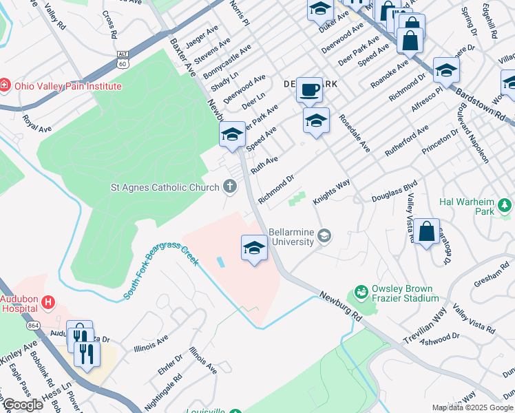 map of restaurants, bars, coffee shops, grocery stores, and more near 1990 Newburg Road in Louisville