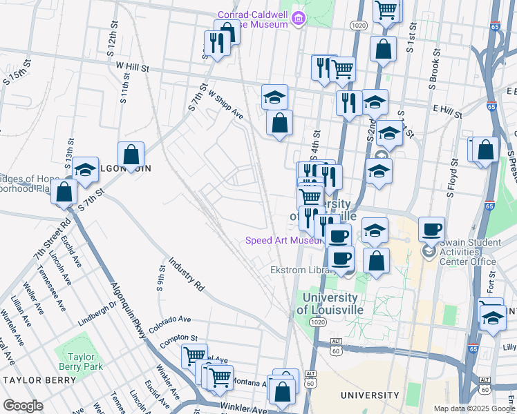 map of restaurants, bars, coffee shops, grocery stores, and more near 500 Manor Park Drive in Louisville