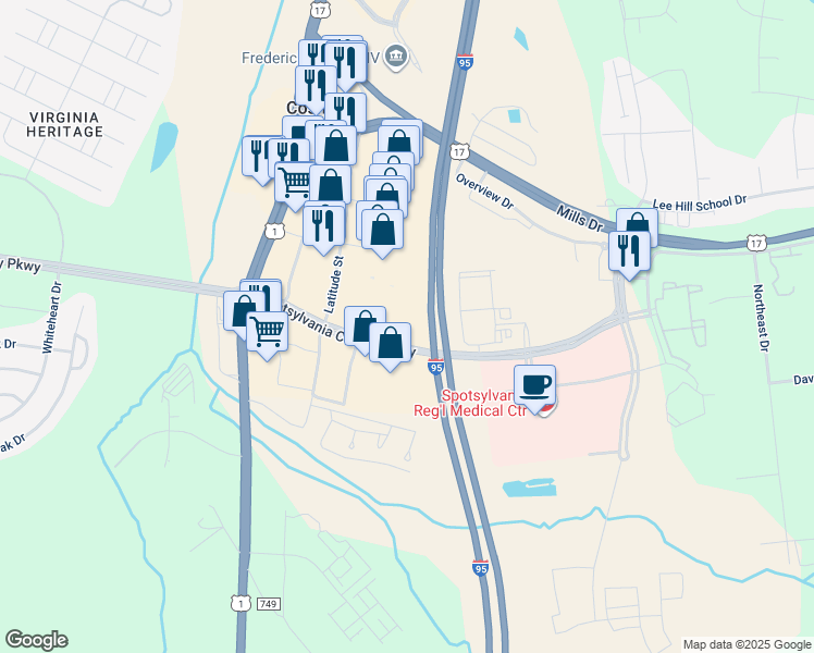 map of restaurants, bars, coffee shops, grocery stores, and more near 4701 Spotsylvania Parkway in Fredericksburg