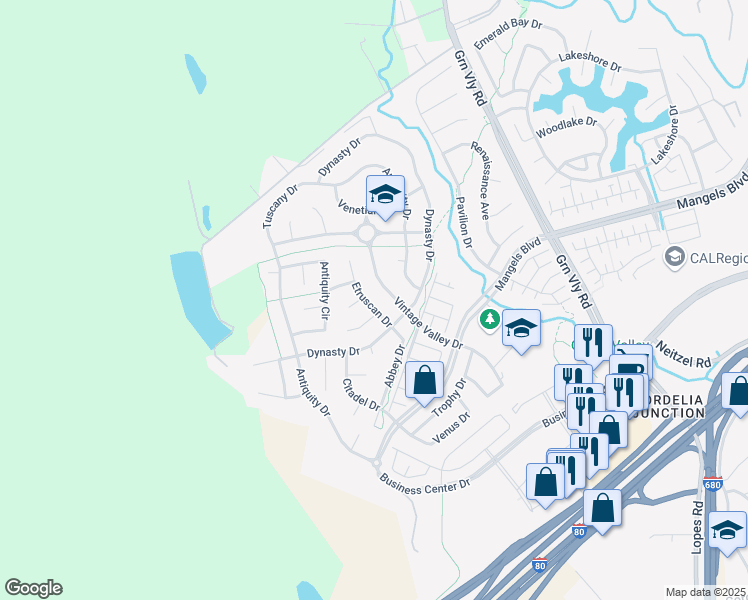 map of restaurants, bars, coffee shops, grocery stores, and more near 5204 Etruscan Drive in Fairfield