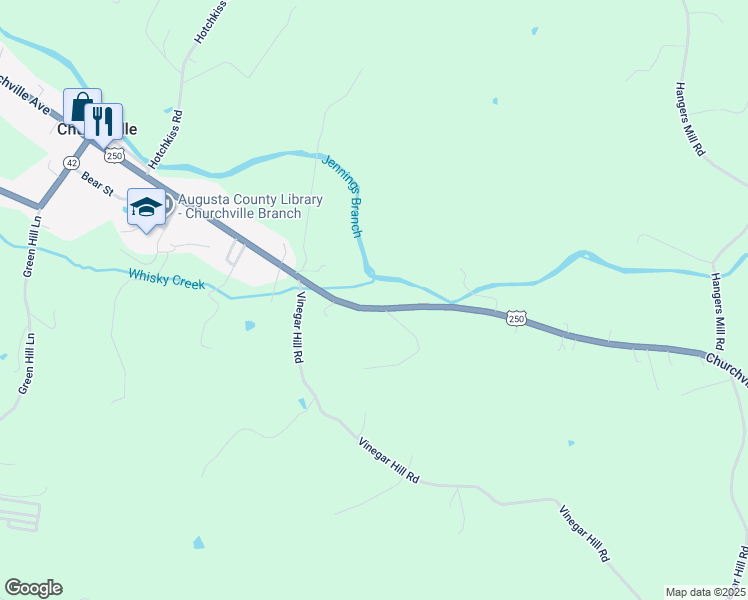 map of restaurants, bars, coffee shops, grocery stores, and more near 3497 Churchville Avenue in Staunton