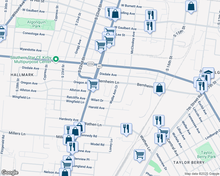 map of restaurants, bars, coffee shops, grocery stores, and more near 2118 Wallie Ann Court in Louisville