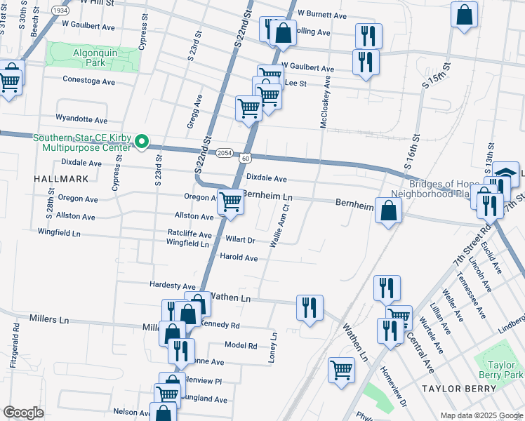 map of restaurants, bars, coffee shops, grocery stores, and more near 2118 Wallie Ann Court in Louisville