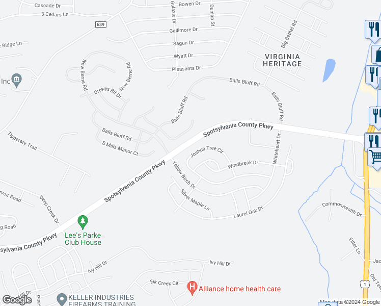 map of restaurants, bars, coffee shops, grocery stores, and more near 5500 Joshua Tree Circle in Fredericksburg
