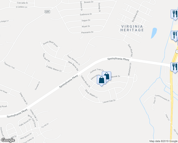 map of restaurants, bars, coffee shops, grocery stores, and more near 5500 Joshua Tree Circle in Fredericksburg