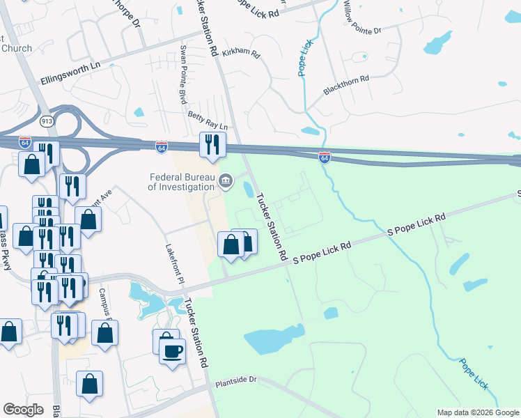 map of restaurants, bars, coffee shops, grocery stores, and more near 1408 Tucker Station Road in Louisville