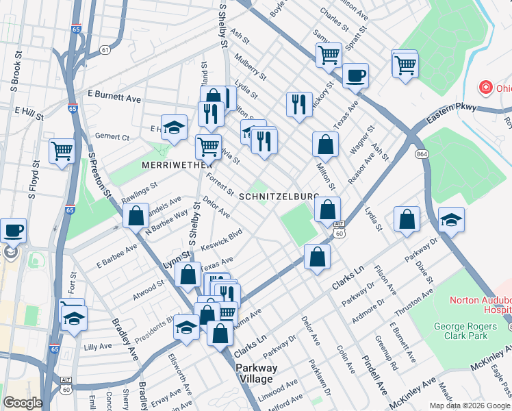 map of restaurants, bars, coffee shops, grocery stores, and more near 1128 Forrest Street in Louisville