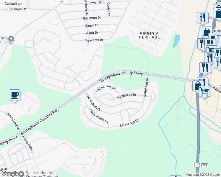map of restaurants, bars, coffee shops, grocery stores, and more near 5601 Joshua Tree Circle in Fredericksburg