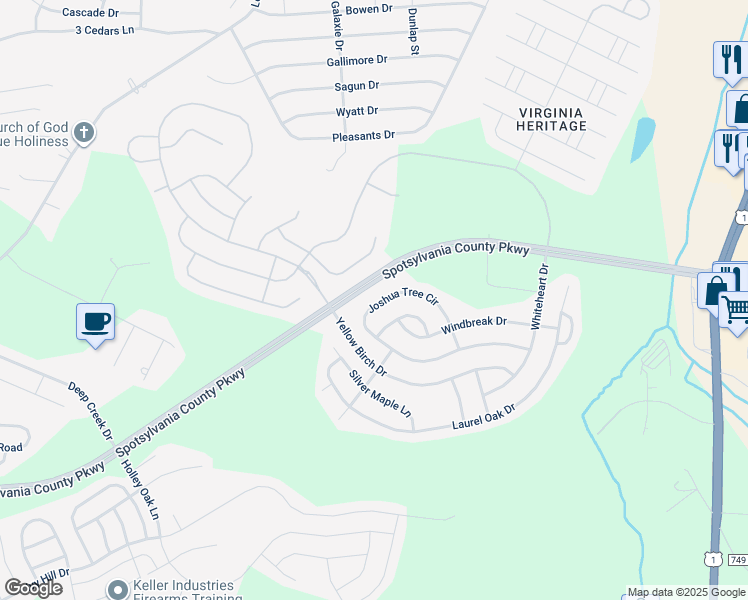 map of restaurants, bars, coffee shops, grocery stores, and more near 5502 Joshua Tree Circle in Fredericksburg