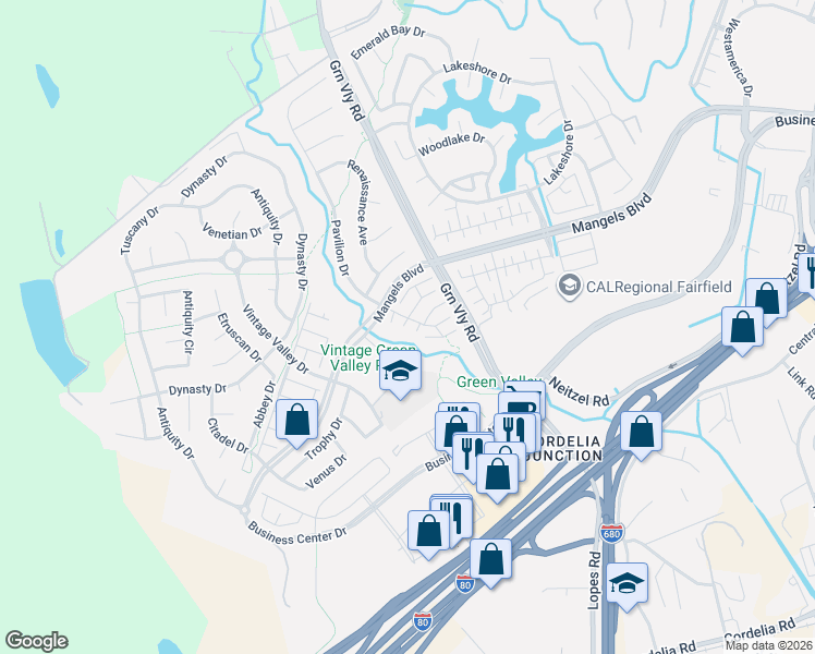 map of restaurants, bars, coffee shops, grocery stores, and more near 5049 Gothic Court in Fairfield