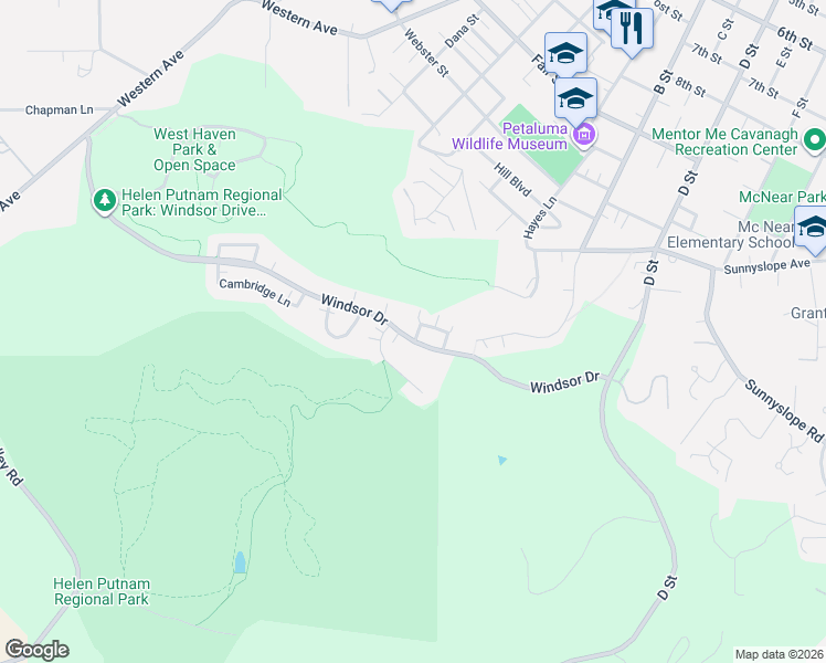 map of restaurants, bars, coffee shops, grocery stores, and more near 119 Windsor Drive in Petaluma
