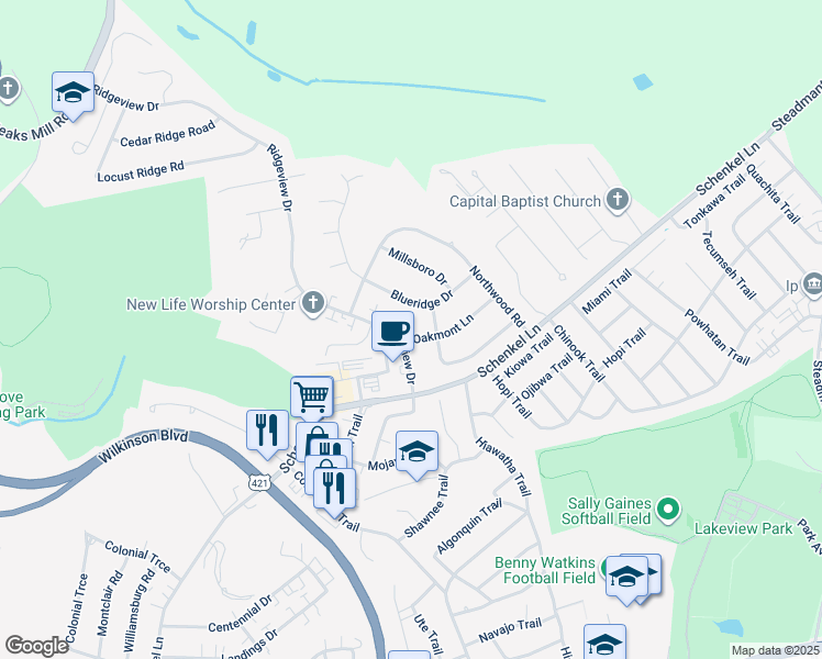 map of restaurants, bars, coffee shops, grocery stores, and more near 108 Oakmont Lane in Frankfort