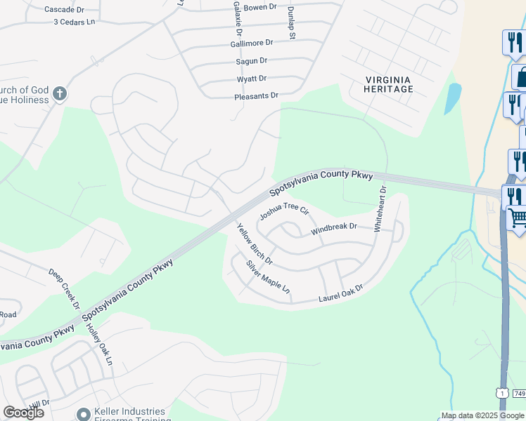 map of restaurants, bars, coffee shops, grocery stores, and more near 5502 Joshua Tree Circle in Fredericksburg