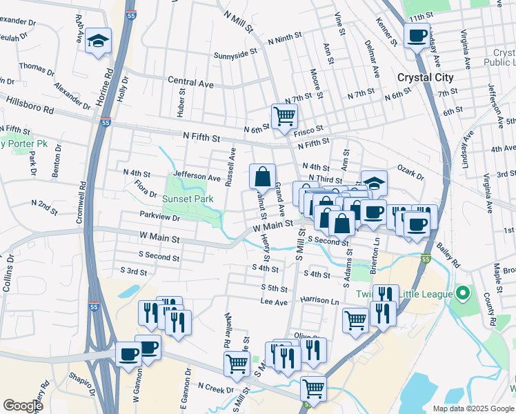 map of restaurants, bars, coffee shops, grocery stores, and more near 107 Walnut Street in Festus