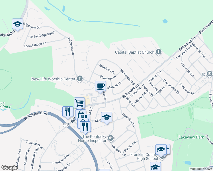 map of restaurants, bars, coffee shops, grocery stores, and more near 108 Oakmont Lane in Frankfort