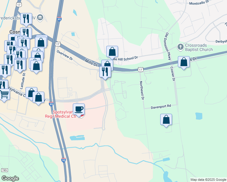 map of restaurants, bars, coffee shops, grocery stores, and more near 9416 Cumberland Drive in Fredericksburg