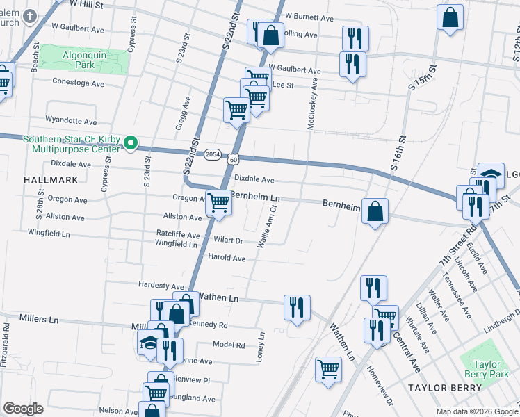 map of restaurants, bars, coffee shops, grocery stores, and more near 2118 Wallie Ann Court in Louisville