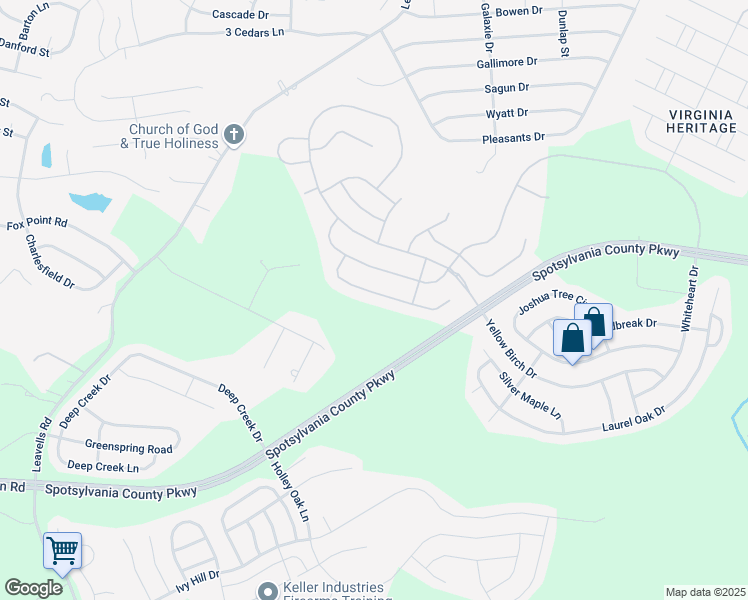 map of restaurants, bars, coffee shops, grocery stores, and more near 5902 South Mills Manor Court in Fredericksburg