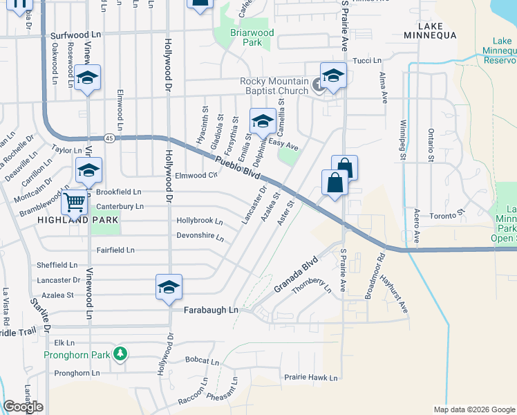 map of restaurants, bars, coffee shops, grocery stores, and more near 2905 Azalea Street in Pueblo